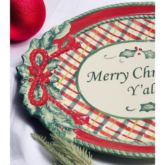 Fitz and Floyd Cookie Platter 'Merry Christmas Y'all" Handpainted Plaid Vintage - Picture 5 of 6
